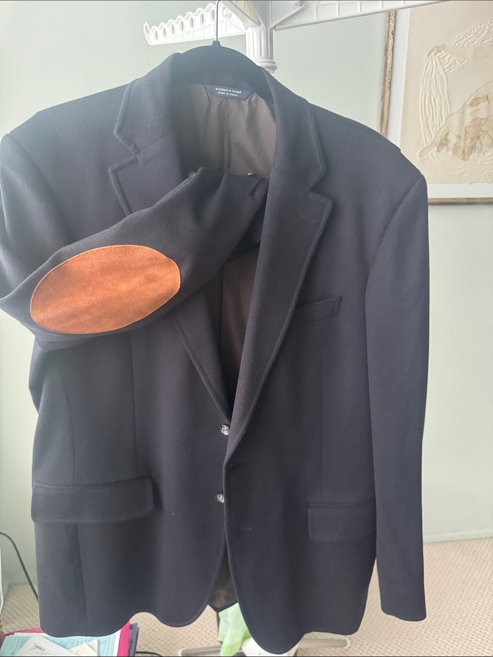 Faconnable Men's Black Blazer with Brown Elbow Patches